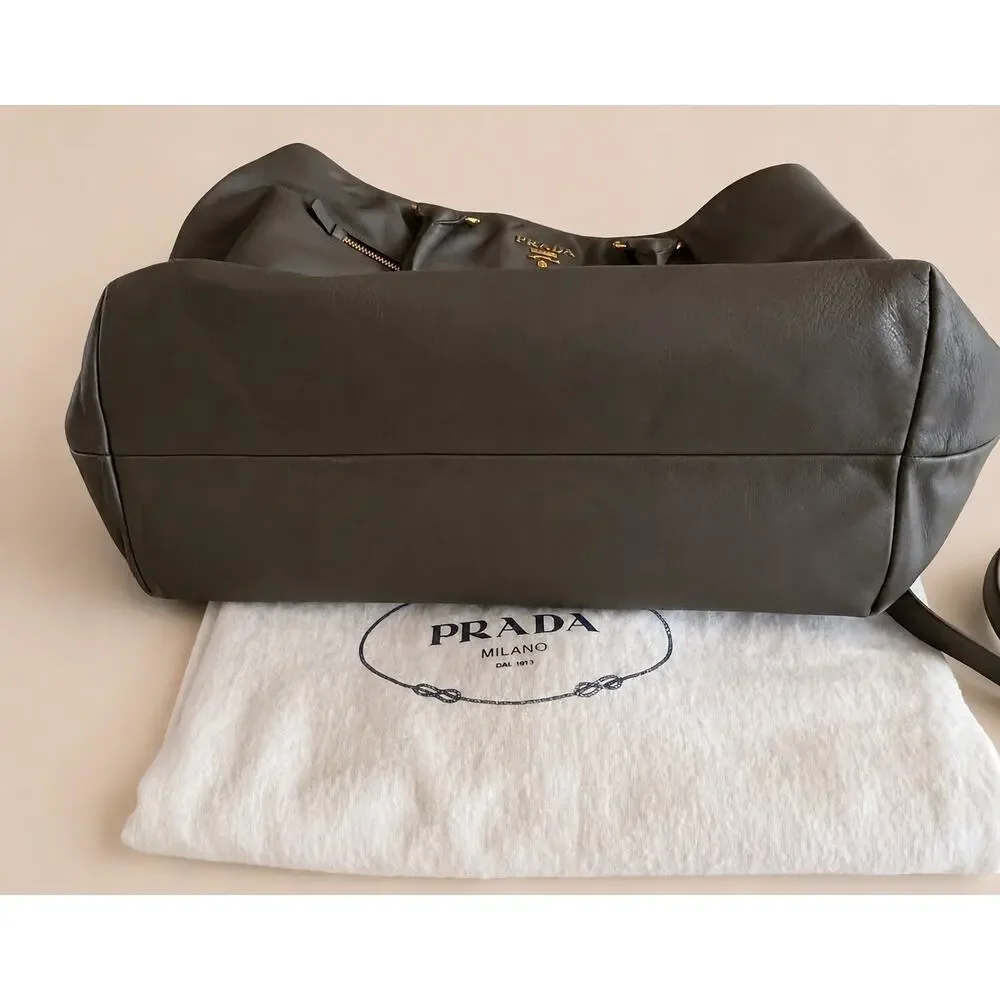 Authentic Prada Calfskin Leather Tote Bambu Grey Large Luxury Travel & Work Bag